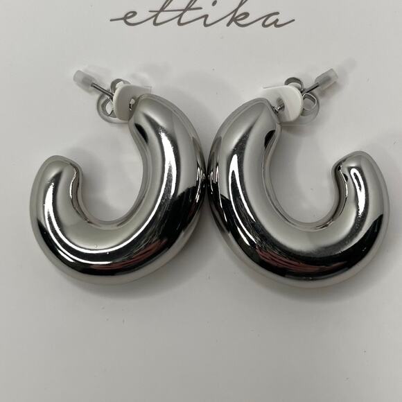 Revolve Ettika Fashion Jewelry Silver Half Circle Pierced Earrings GTE4038 NWT - Picture 1 of 4